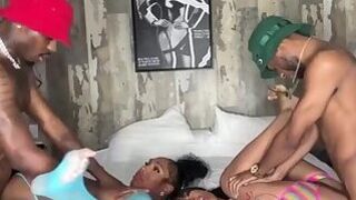 Two black dudes pounding two big black ts asses