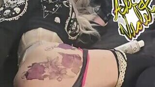 Glam Goth Tgirl Stretches Out Ass with Big White Dildo