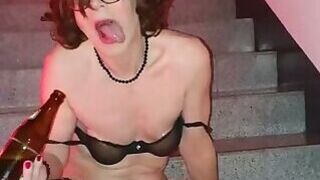 Fucking with a beer bottle and naked in porn cinema