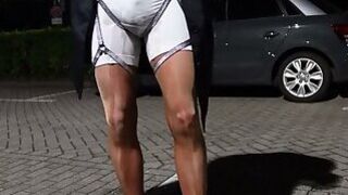 crossdresser cum in huge nylonbody and Harness