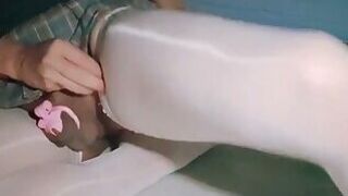 Just next to my sister's bed! Chastity cage vibrator masturbation in a slutty microskirt and white