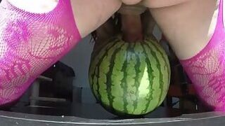 trans fucking a watermelon and cum