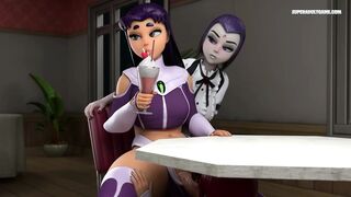 Raven & Starfire Blowjob Under The Table And Facial Cumshot - 3D Animated