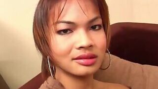 Busty ladyboy with high heels plays with her trimmed cock till cumshot on belly