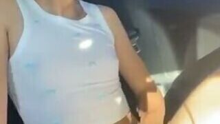 Trans uses dildo in car