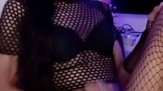 Ali cums on fishnet stockings