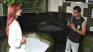 Horny Stud Penetrates Juicy Shemale with Flaming Auburn Hair in the Bathroom