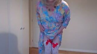 White stockings and no panties under a long blue summer dress