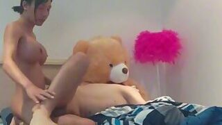 Ts Benzy fucking her New BF hard beside the teddy bear he gave her