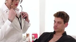 Sexy shemale doctor Haven Rose examining her patients big dick bareback