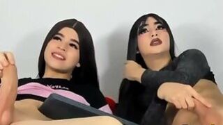 Hot trannies jerking dicks together on cam