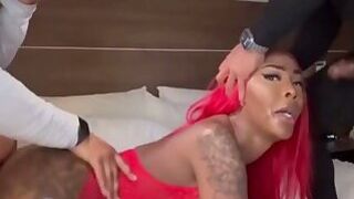 Oiledup ebony tranny anally torn apart by two dudes