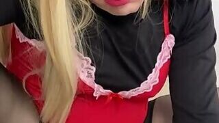 Part 3 Amateur Sissy Crossdresser trys to squirt on dildo for Daddy and talks about him paying $8k