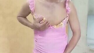Oanh Le transgender wearing sexy and pornographic clothes standing and screaming is extremely happy