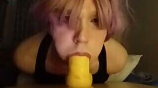 Sissy deepthroating a dildo
