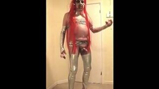 Red haired slut in silver leggings