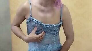 Oanh Le shemale eyes sexy dress porn standing with a happy cock leaning on her back
